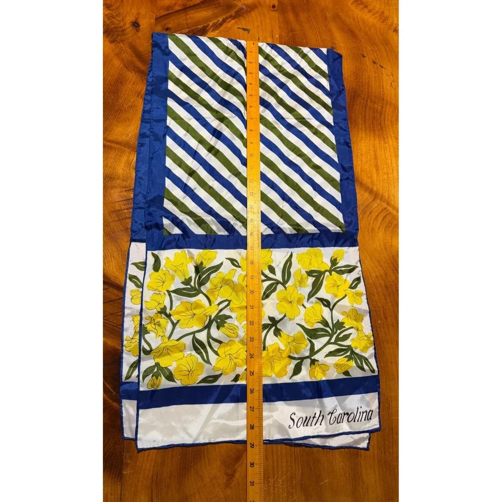 Vintage South Carolina Souvenir Scarf Floral Stripe Blue Green Yellow Silk Feel